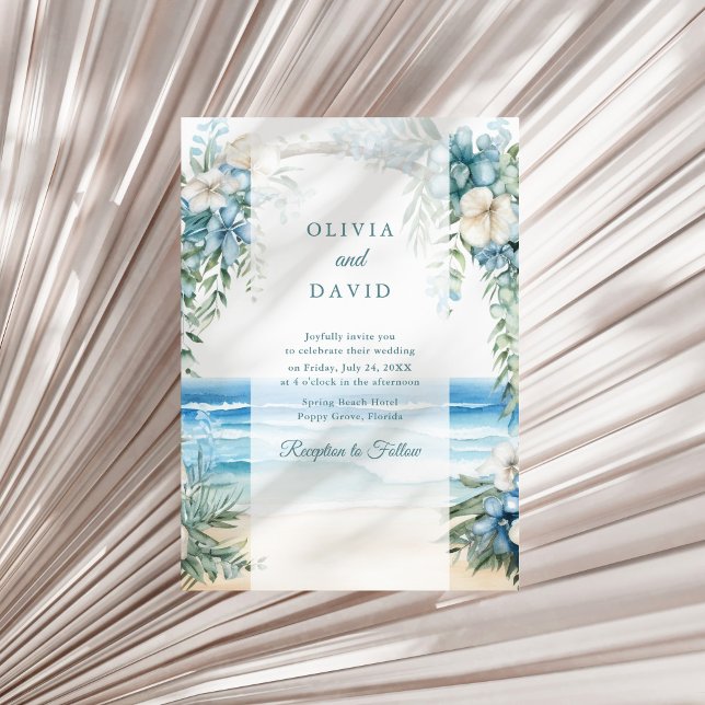 Convite Casamento com Arco Floral em Aquarela na Praia Boh (Boho Beach Watercolor Floral Arch Wedding Invitation on a sunny neutral dry palm leaf.)