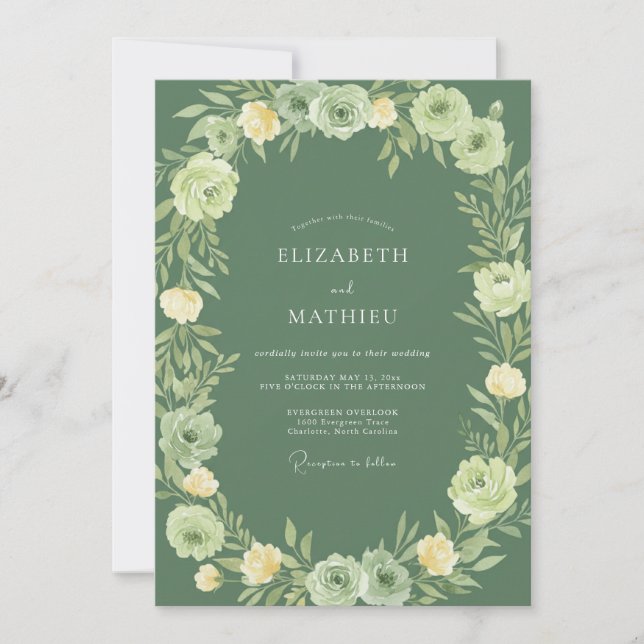 Convite Casamento com Arco Floral em Verde Sálvia (Frente)