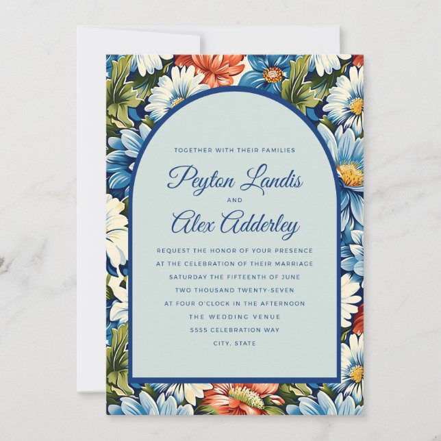 Convite Casamento com Arco Floral Laranja Azul (Frente)
