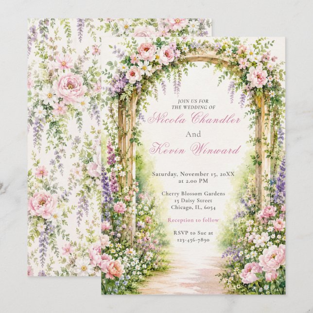 Convite Casamento com Arco Floral no Jardim (Frente/Verso)