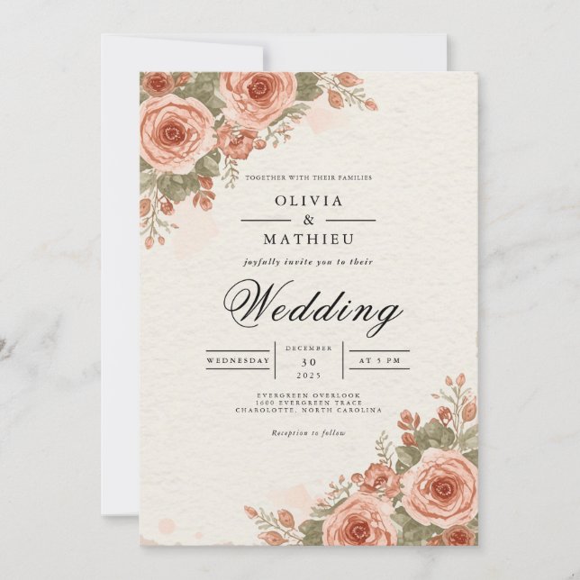 Convite Casamento com Arco Floral Rosa Empoeirado (Frente)