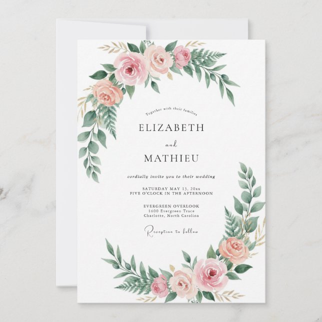 Convite Casamento com Arco Floral Rosa Encantado (Frente)