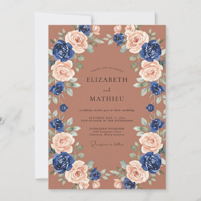 Convite Casamento com Arco Floral Rosa Velho Marinho (Frente)