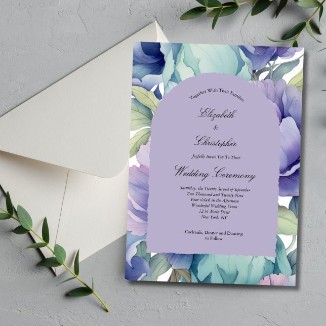 Convite Casamento com Arco Floral Roxo Azul Verde (Purple blue green pastel watercolor florals elegant arch wedding invitation. Printed or Digital)