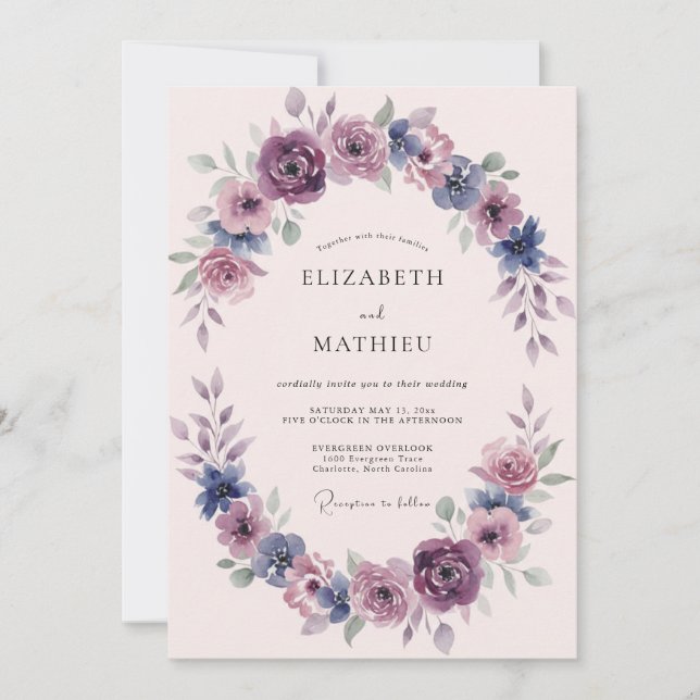 Convite Casamento com Arco Floral Roxo Empoeirado (Frente)