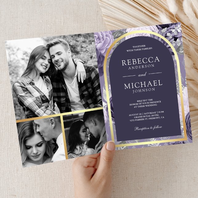 Convite Casamento com Arco Floral Roxo Heather Código QR (Criador carregado)