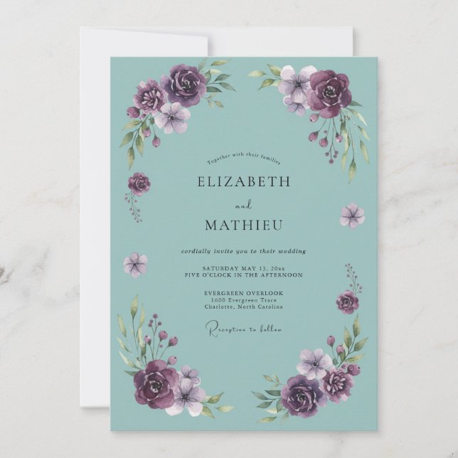 Convite Casamento com Arco Floral Roxo Intenso (Frente)