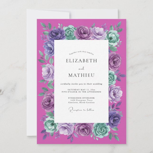 Convite Casamento com Arco Floral Roxo Verde (Frente)