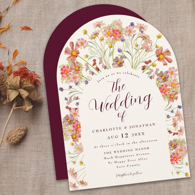 Convite Casamento com Arco Floral Rústico de Outono Boêmio (Boho Fall Rustic Wildflower Floral Arch burgundy and ivory cream Wedding invitation Watercolor )