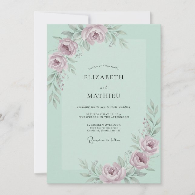 Convite Casamento com Arco Floral Suave de Hortelã (Frente)