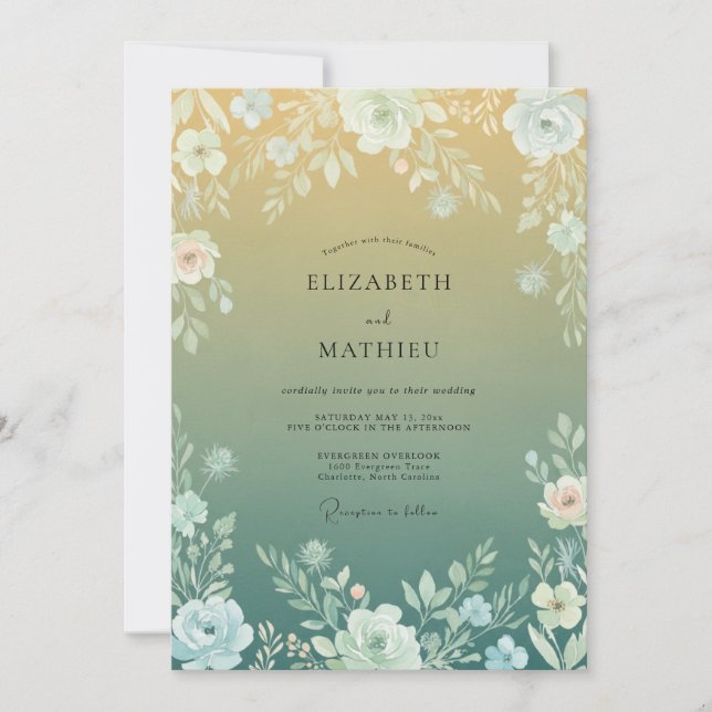Convite Casamento com Arco Floral Verde Amarelo (Frente)