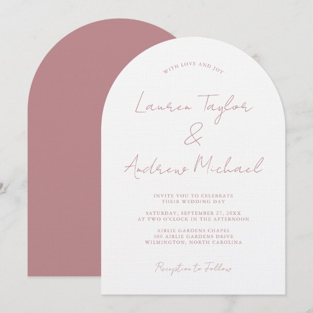 Convite Casamento com Arco Moderno Romântico Rosa Empoeira (Frente/Verso)