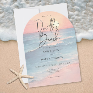 Convite Casamento com Arco na Praia com Aquarela de Pôr do
