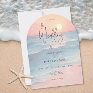 Convite Casamento com Arco na Praia com Pôr do Sol em Aqua