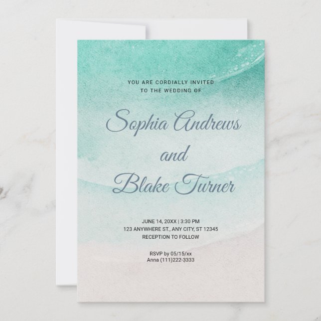 Convite Casamento com Areia e Água Tema de Praia (Frente)