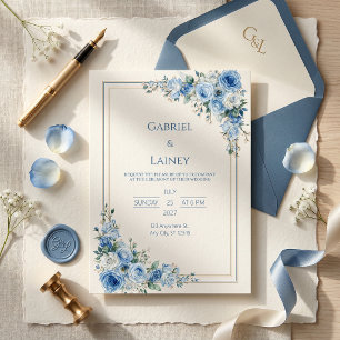 Convite Casamento com Armação Dupla em Rosa Dourado e Azul