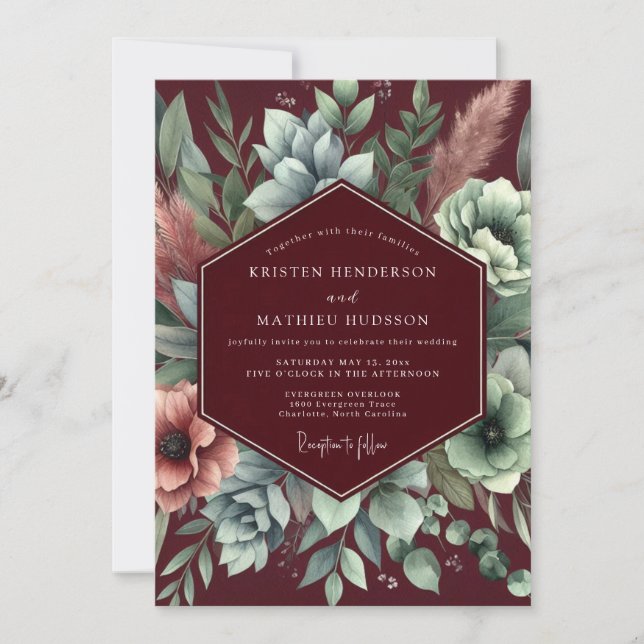 Convite Casamento com Arranjo Floral Borgonha (Frente)