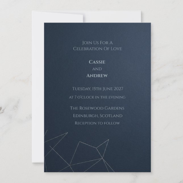 Convite Casamento com Arte de Linha Geométrica Marinha Mod (Frente)