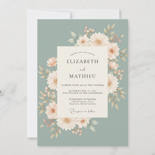 Convite Casamento com Arte Floral em Verde Sálvia (Frente)