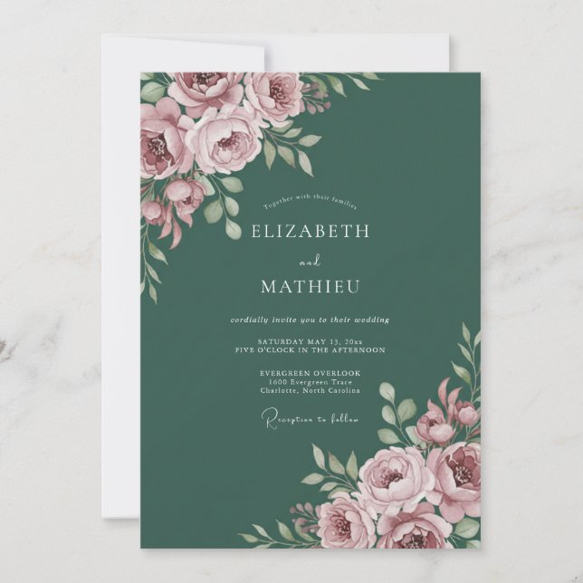 Convite Casamento com Arte Floral Rosa (Frente)