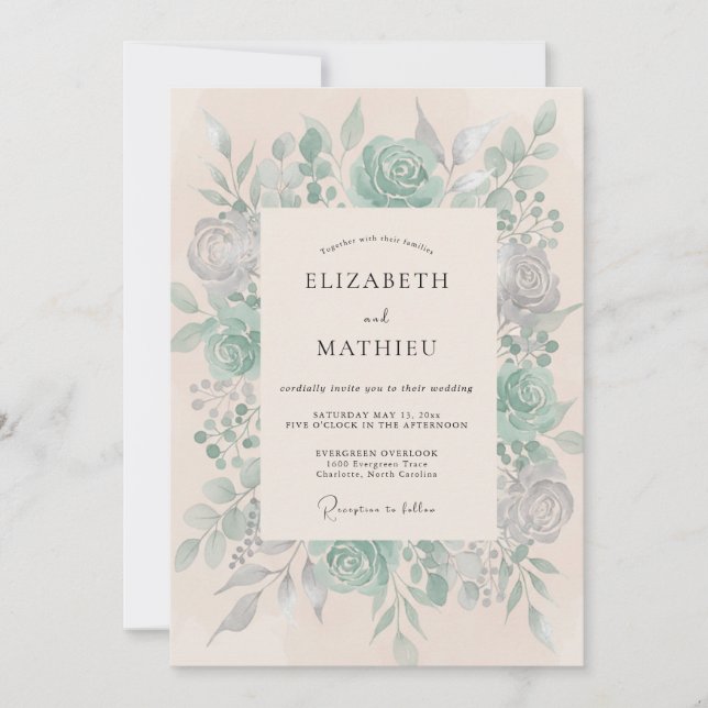 Convite Casamento com Arte Floral Turquesa (Frente)