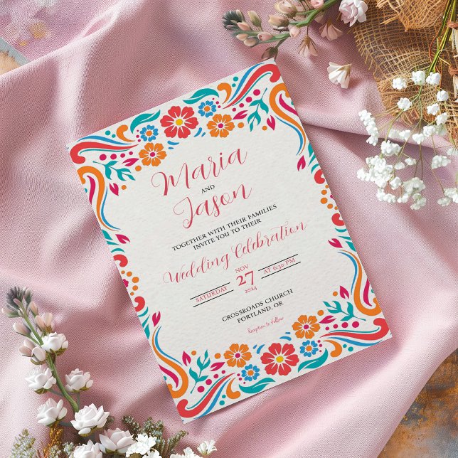 Convite Casamento com Arte Folclonal Tradicional Mexicana (Mexican Floral Traditional Folk Art Wedding Invitation)