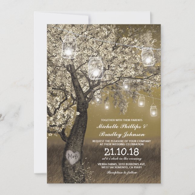 Convite Casamento com Árvore de Cerejeira Rústica e Luzes  (Frente)