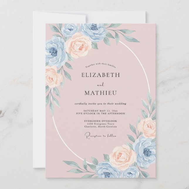 Convite Casamento com Aura de Flor de Azul Empoeirado (Frente)