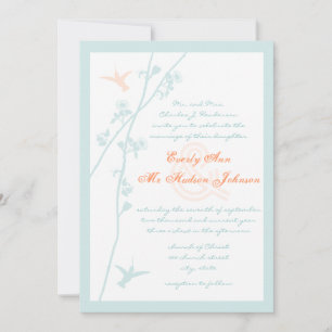 Convite Casamento com aves Aqua Blue Coral Flower Humming