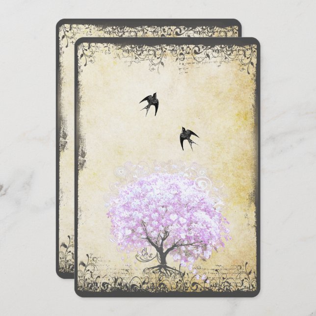 Convite Casamento com aves da Lavanda de folha de coração (Frente/Verso)