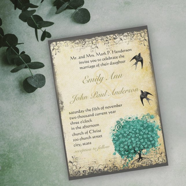 Convite Casamento com aves de amores com folhas de folhas  (Criador carregado)