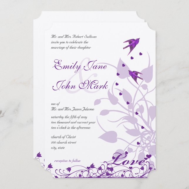 Convite Casamento com aves de lavanda e Roxo Lilac (Frente/Verso)