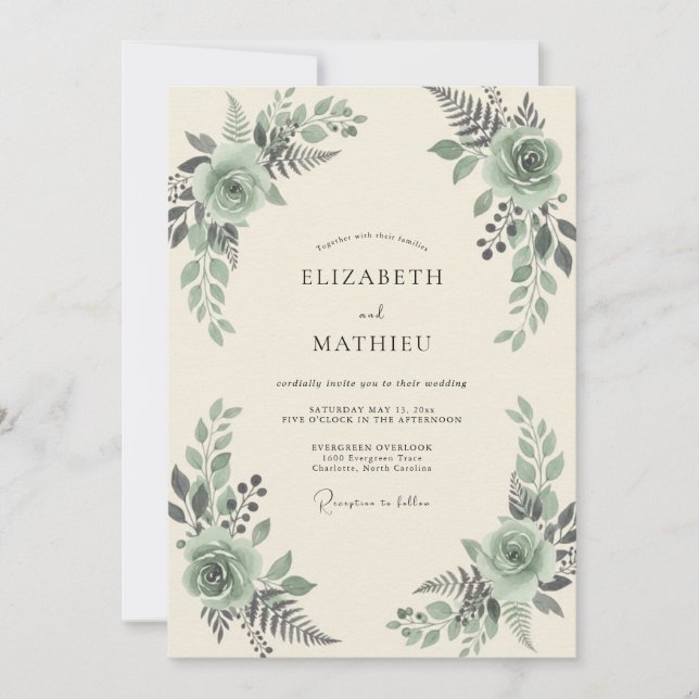 Convite Casamento com azeitona celadon e feto (Frente)