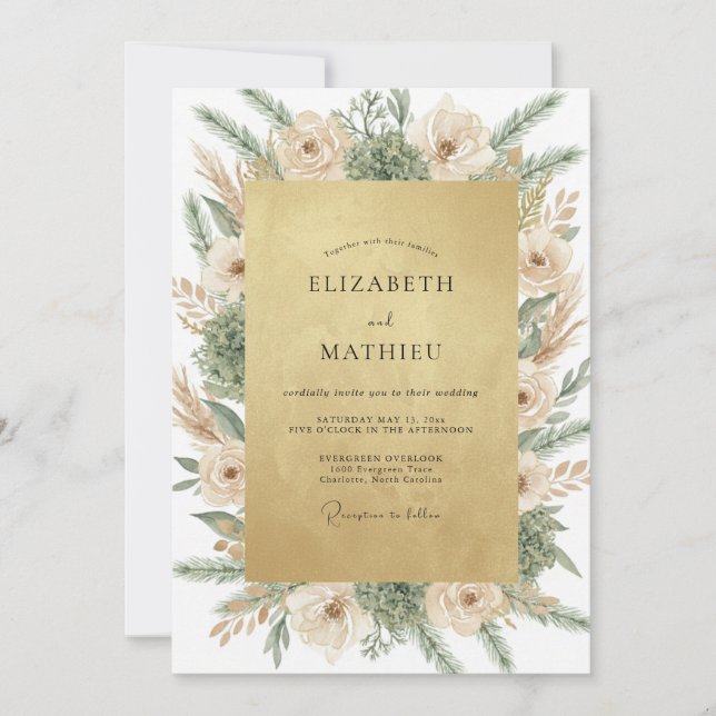 Convite Casamento com Azeitona Champanhe Pampas Eucalipto (Frente)