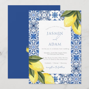 Convite Casamento com Azulejo Azul Limão Mediterrâneo