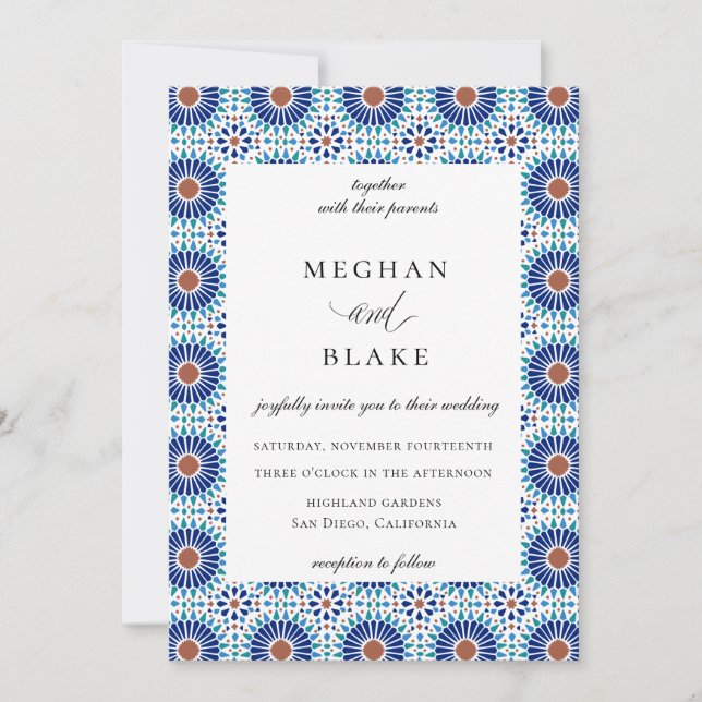 Convite Casamento com Azulejo Geométrico Espanhol Rústico  (Frente)