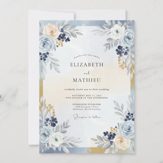 Convite Casamento com Bagas Champagne Marinho (Frente)