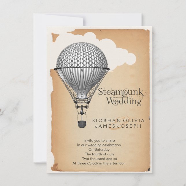 Convite Casamento com Balão de Ar Quente Steampunk (Frente)