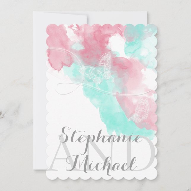 Convite Casamento com Blush de Borboleta de Aquarela (Frente)