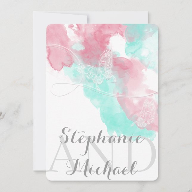 Convite Casamento com Blush de Borboleta de Aquarela (Frente)