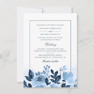 Convite Casamento com Blush de Cor Azul-Dusta Floral