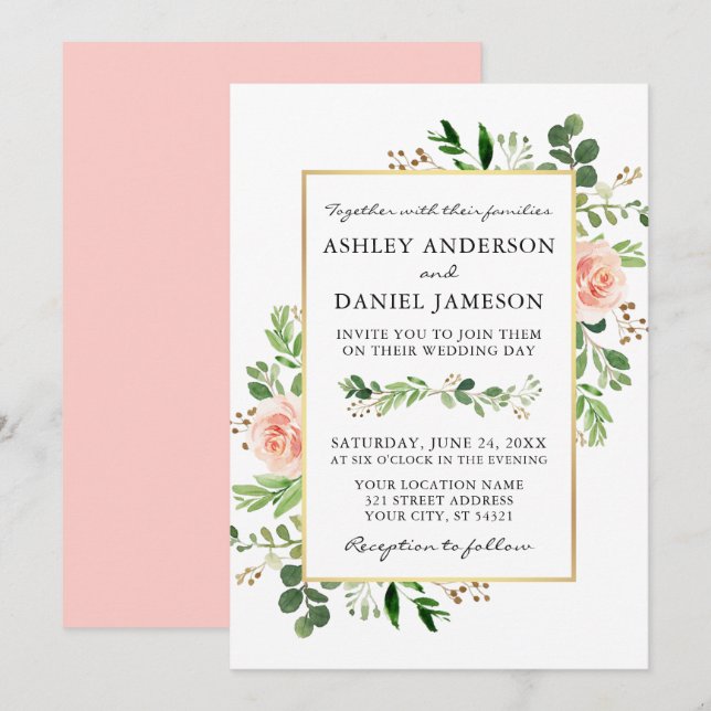 Convite Casamento com Blush, Rosas de granulação verde-ros (Frente/Verso)