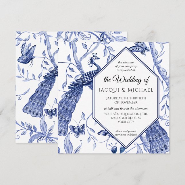 Convite Casamento com Borboleta Azul-Pavão-Marinho Chinois (Frente/Verso)