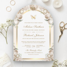 Casamento com Borboleta Dourada Floral de Ivory Cr