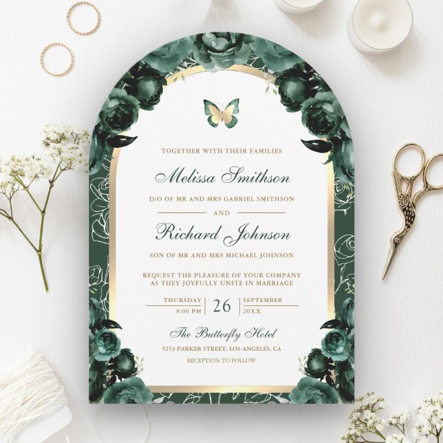 Convite Casamento com Borboleta Floral Dourada Emerald Gre (Criador carregado)