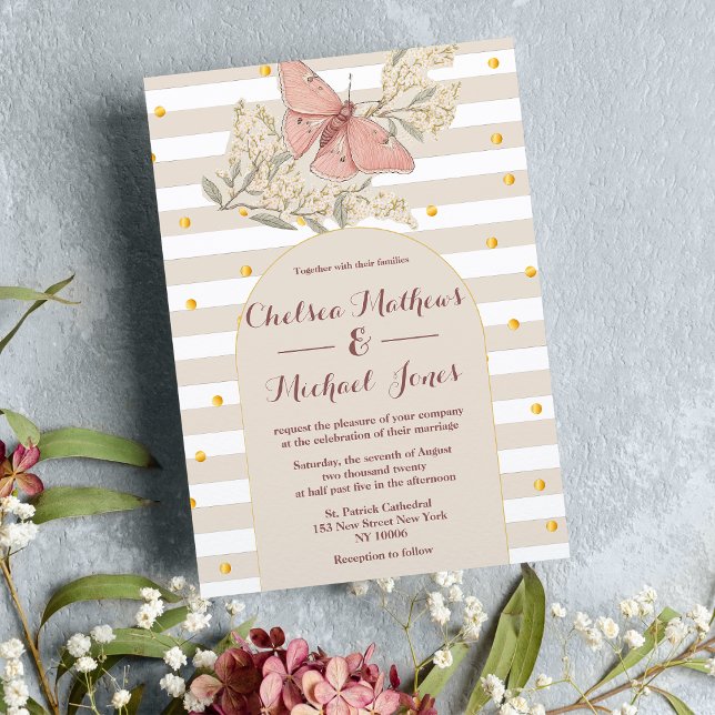 Convite Casamento com borboleta rosa branca marfim estilo  (Vintage style ivory white pink butterfly Wedding )