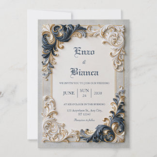 Convite Casamento com Borda Barroca Azul Marinho e Marfim