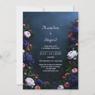Convite Casamento com Borda de Peônia Índigo Meia-Noite