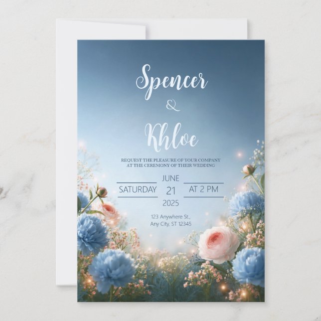 Convite Casamento com Borda de Prado Azul Rosa (Frente)