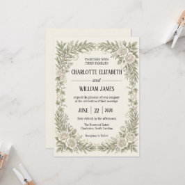 Convite Casamento com Borda de Rosa Oliva Marfim